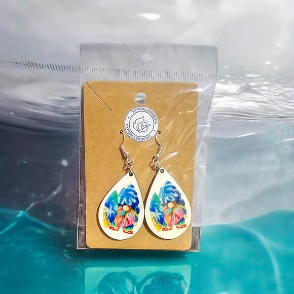 Boutique New Surfboard Gnome wooden teardrop earrings - Picture 3 of 3